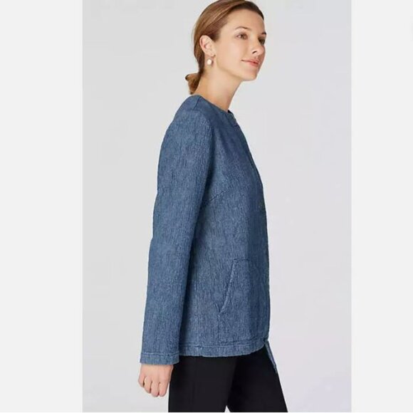 J.Jill Indigo Cinch Hem Textured Cotton Snap Front Jacket with Pockets - S - Picture 3 of 10